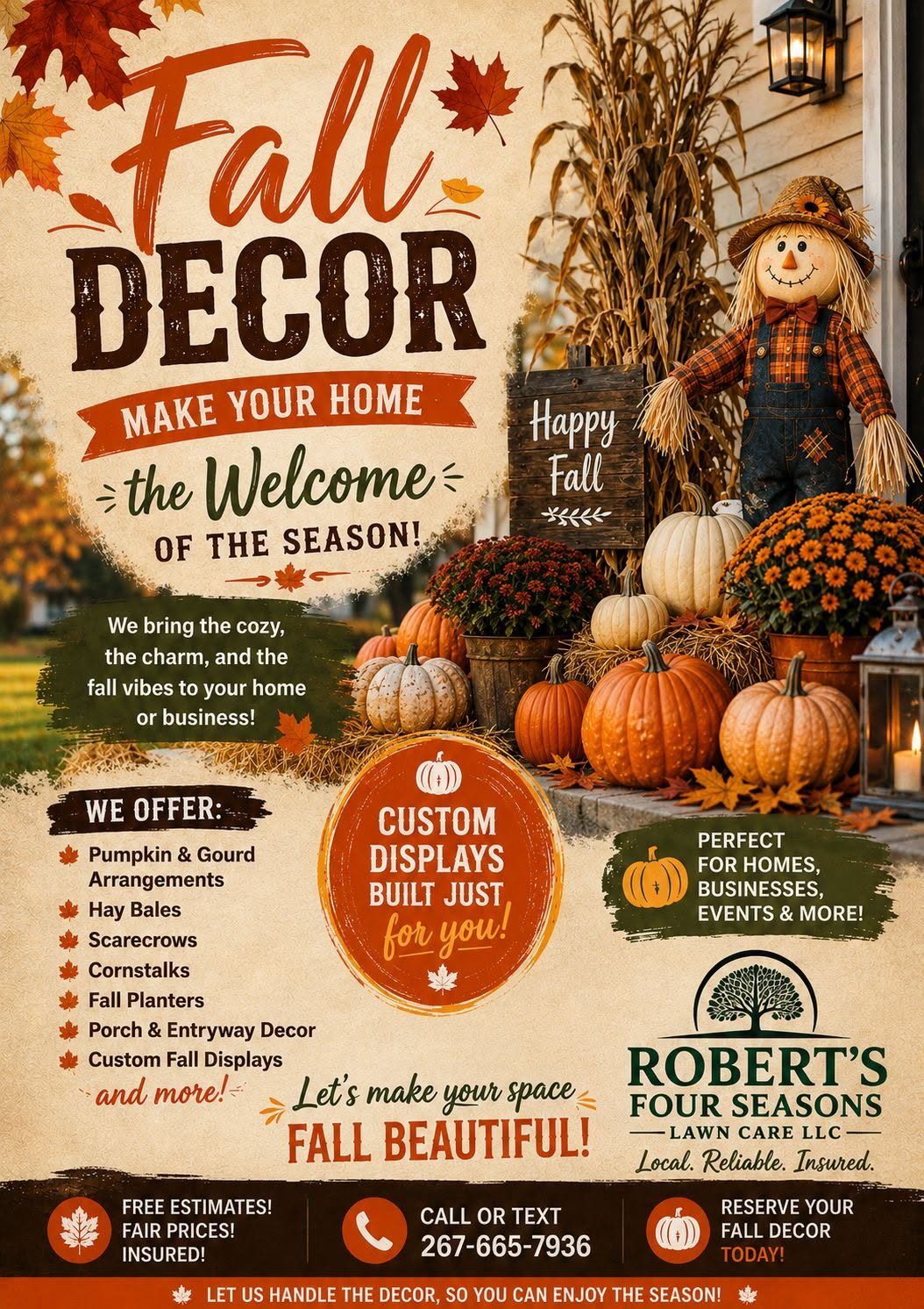 Robert's Four Seasons fall decor flyer listing pumpkin arrangements, hay bales, scarecrows, cornstalks and porch displays