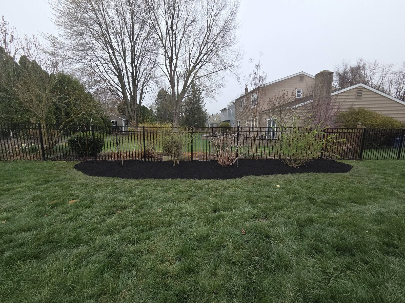 Fresh black mulch bed cut along an aluminum fence line behind a Bucks County home